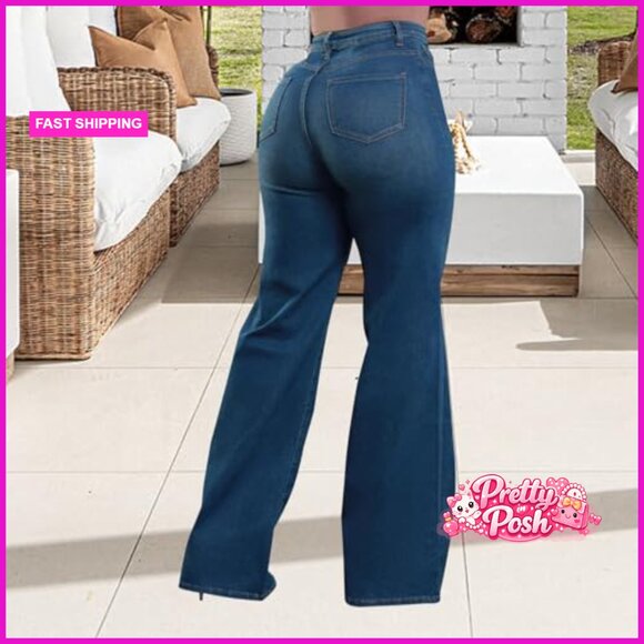 High Waisted Wide Leg Jeans Stretch Denim Pants Baggy Straight Leg - Picture 2 of 7